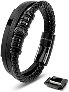 SERASAR | Premium Genuine Leather Bracelet for Men in Black | Magnetic Stainless Steel Clasp in Black, Silver and Gold | Exclusive Jewellery Box | Great Gift Idea