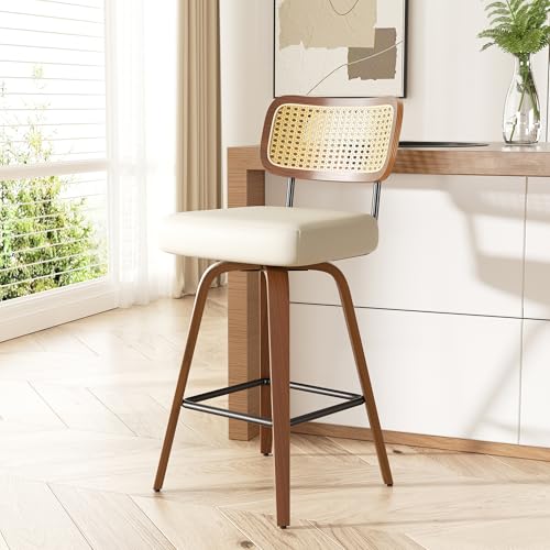 Image of Swivel Bar Stools Set of 1, 26 inch Upholstered Faux Leather Counter Height Barstools with Rattan Back & Bentwood Legs, Mid Century Modern Bar Chairs Island Stools for Kitchen Counter, Cream White