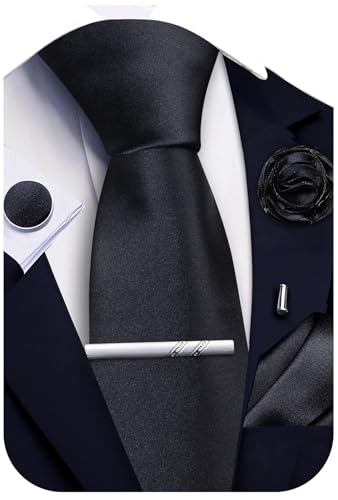 Ailisus Solid Black Ties for Men Silk Satin Necktie and Pocket Square Cufflinks Tie Clip Lapel Pin Set Wedding Business 5PCS