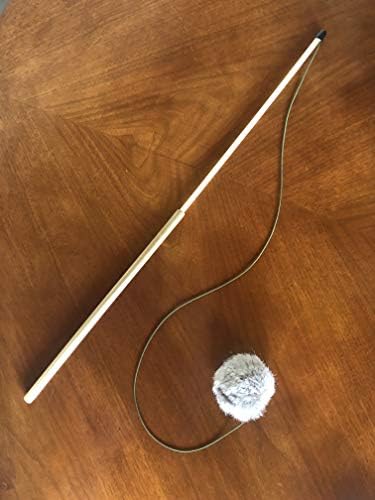 Tues Tamer Natural Fur Pom Cat Wood Rod Teaser & Exerciser Wand for Cat & Kitten with Fluffy Fur Ball- Interactive Soft and Safe Feather-Like Real Fur Toy - Mouse Like Pelt Pom Assembled in The US