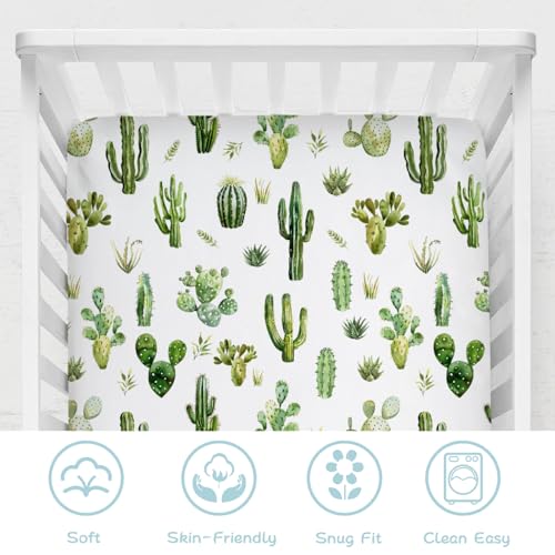 Image of Watercolor Green Cactus Baby Crib Sheet 52''x28'' Boho Cactus Leaves Stretchy Fitted Crib Mattress Cover for Boy Girl Wild Desert Plants Soft Baby Bed Sheets for Standard Crib and Toddler Mattress