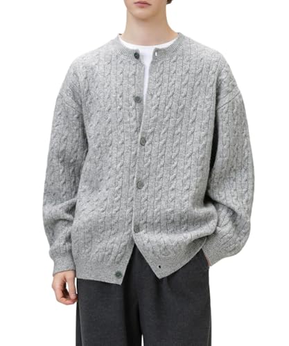 POHADON Twisted Cable Knit Sweater Vintage Y2k Aesthetic Chunky Grandpa Button Down Cardigan Fall Winter Fashion Clothes (Light Gray,Medium)