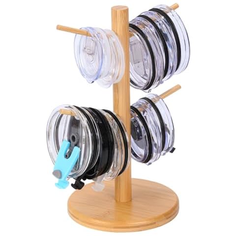 Maveite Bamboo Tumbler Lid Organizer Tree for Kitchen Cabinet Bamboo Water Bottle Lid Organizer Shelf Rack for Cabinet Organization Cup Lids Organizers Tumbler Lid Storage Holder Stand Cover