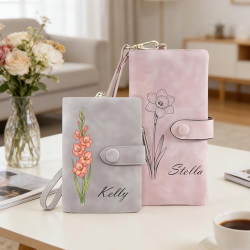 Image of Custom Wallet for Women Personalized Birth Flower & Name Purse Soft Leather Bifold Clutch with Strap Customized Gift for Mom Girlfriend