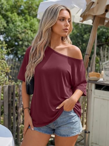 Image of Trendy Queen Womens Off the Shoulder Tops Oversized Summer T-Shirts 2026 | Breathable Strenchy Comfort Material Short Sleeve Basic Oversized Tees Casual Workout Gym Y2k Going Out Clothes