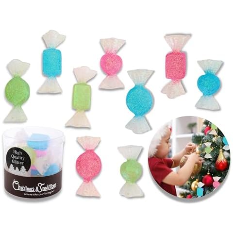 Christmas Traditions 3 to 3.5 inch Glittered Bonbon Candy Ornaments (Set of 9) for Christmas Tree/Wedding/Event/Candy Corner Party Decorations Supplies Hanging Ornaments Cover
