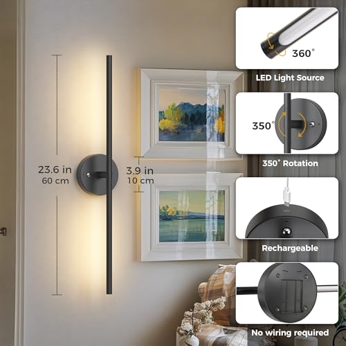 Image of L LOHAS LED Battery Operated Wall Sconces Set of 2, Battery Wall Sconce 10000mAh, Black Rechargeable Sconces 3CCT + RGB, 23.5 Inch Wireless Wall Lights, Sconce Wall Decor for Bedroom, Living Room