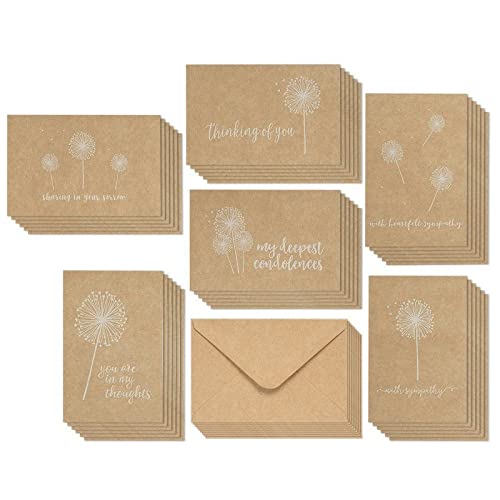 36 Pack Blank Sympathy Cards With Envelopes, Bulk Kraft Paper Condolence Cards With Envelopes For Bereavement, Thinking Of You, White Dandelion Design, Blank Inside (4X6 In) #TOP7
