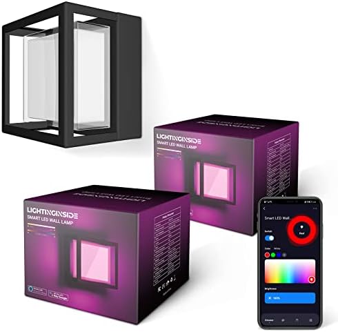 Smart Wall Lights - Outdoor Wall Lights Work with Alexa, Google Assistant, RGB+2700K-6500K, 13W(130W Equivalent) 1000lm, 2.4GHz WiFi Wall & Ceiling & Porch Lights, IP 65 Wall Sconces Set of Two