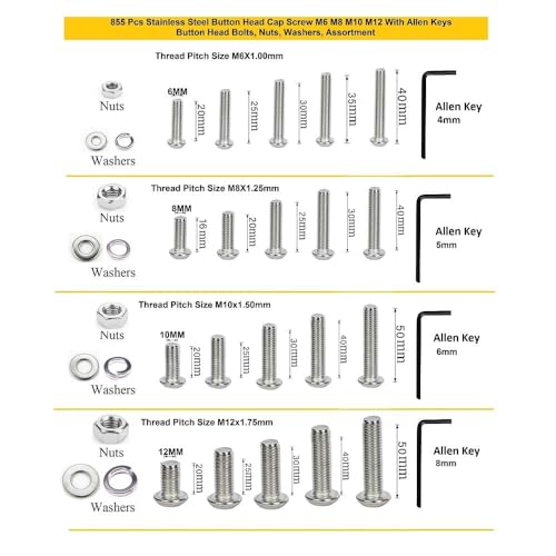 Image of Epi-Torque Metric M6 M8 M10 M12 Stainless Alloy Steel 202 Grade Button Head Screws Nuts, Bolt, Washer with Allen Keys Assortment Kit Set with SS Box 855 Pcs Pack