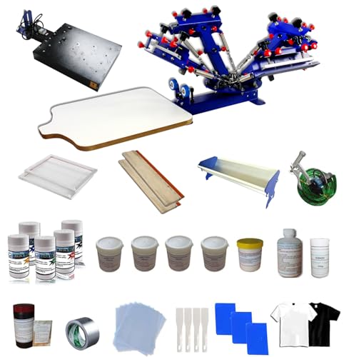 TECHTONGDA 4 Color 1 Station Screen Printing Kit Micro-Registration Function Silk Screen Printing Machine Benchtop Press with Flash Dryer Squeegee Frame Screen Scoop Coater Ink Accessory