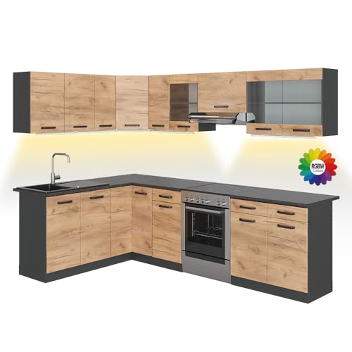 Vicco Cuisine en Angle Rick, Chêne doré/Anthracite, 167x60cm, PT À Motifs Noirs avec Bande LED