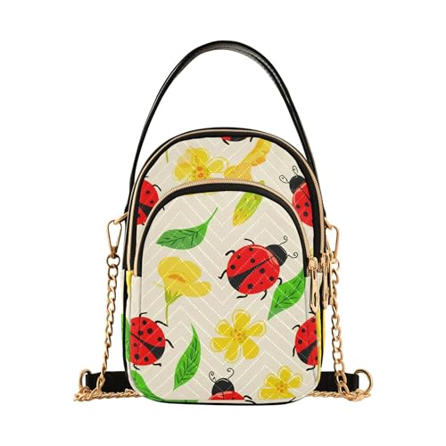Womens Shoulder Handbag Cute Cartoon Ladybugs Floral Quilted Chain Strap Phone Wallet Handbag Cute Zipper Lady Crossbody Bag, 5.9