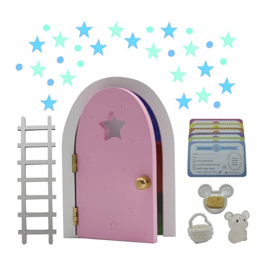 Qué Kawaii® puerta (Rosa) Ratoncito Pérez que abre y brilla con universo de estrellas y planetas. Certificados y complementos de resina. Bolsa crochet (hecha a mano). Pura magia.