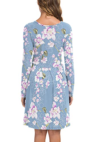 KORSIS Womens Dress Casual Swing T Shift Autumn Long Sleeve Round Neck Tunic Loose Fashion High Waist Dresses with Pockets Flower Light Blue — view 4