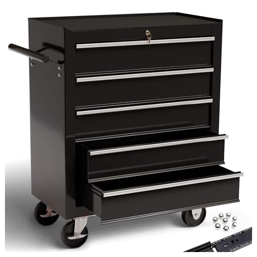 Arebos Werkstattwagen 5 Fächer | zentral abschließbar | inkl. Antirutschmatten | kugelgelagerte Schubladen | 2 Rollen mit Feststellbremse (schwarz)