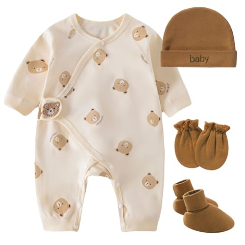 Image of MooNuu-Babe Newborn Layette Set Cotton Long-Sleeve Romper Baby Coming Home Outfit Newborn Take Me Home Outfit Newborn Hospital Clothes Baby Jumpsuit 4 Pcs Clothes Set Unisex Bear