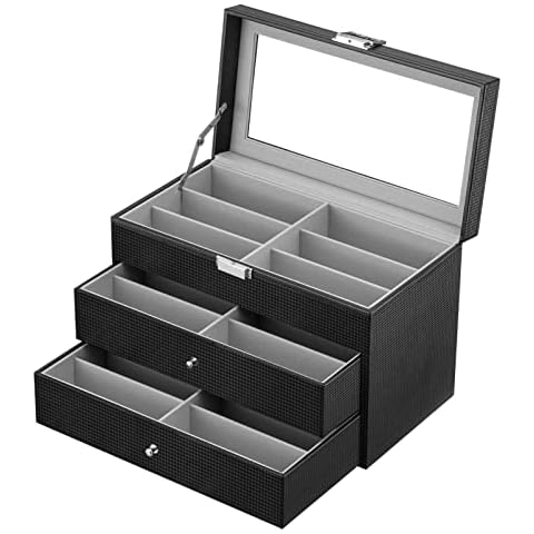Oyydecor Sunglasses Organizer for Women Men, 3-layer 18 Slots Glasses Case Sunglass Eyeglasses Collector Eyewear Display Storage Box with Drawer Clear Glass Top, Carbon Fiber, Black Cover