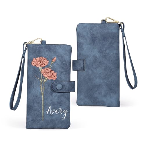 Personalized Wallet for Women, Custom Birth Flower & Name Detachable Leather Wristlet, Stylish Card Holder Purse with Zipper Large Capacity Wallet Mother's Day Gifts for Mom (Sapphire)