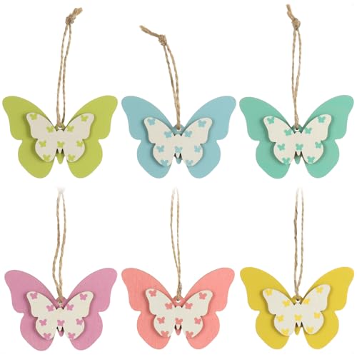 COM-FOUR® 6x Appendini decorativi in legno - farfalle colorate da appendere - ciondoli in legno per albero di Pasqua - farfalle decorative (6 pezzi - 6 colori)