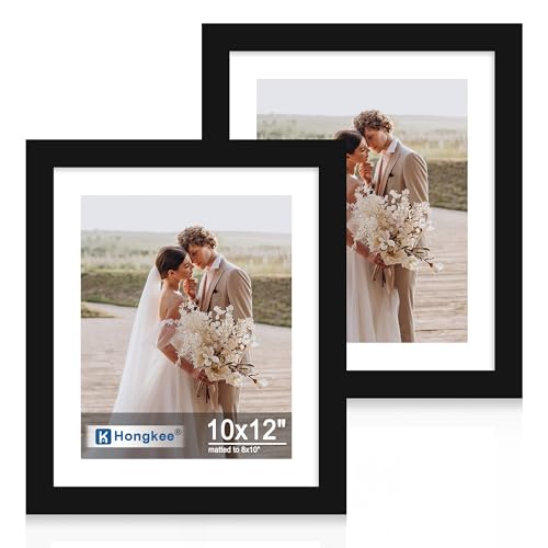 Hongkee 10x12 Picture Frame Set of 2, Real Glass and Wood Frame, Mat 8x10