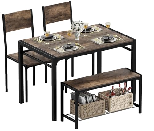 JUMMICO 43.3' Dining Table Set for 4, Kitchen Table with Bench & 2 Chairs Modern Rectangular Metal...