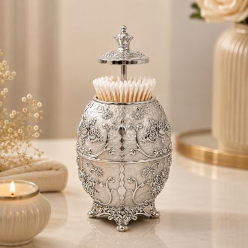 Image of Luxury Decorative Toothpick Holder for Dining Table - Handmade Faberge-Style Gold White Enamel Ornate Victorian Egg Shape Toothpick Dispenser Box | Unique Housewarming Wedding Gift