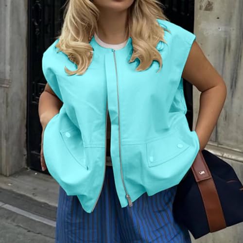 Damen-Westen Sommer Cargo Weste Leichte Sommerwesten Y2k Vingtage Vest Ärmellos Cropped Jacke Mit Taschen und Reißverschluss Herbst Übergangsjacke Outdoor Softshell Damenwesten Jeansweste Übergroße