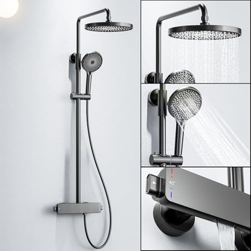 Colonne de Douche Thermostatique, Set Kit de Douche 3 Fonctions Ensemble Système de Douche Murale Colonne de Douche Laiton avec Mitigeur Cascade, Pommeau Douche, Tête de Douche Ronde (Gray)