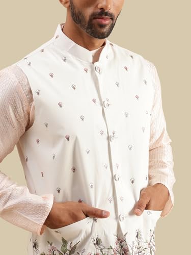 Image of SOJANYA Men's Silk Blend Pink Kurta & White Pyjama With Daman Embroidered Nehru Jacket