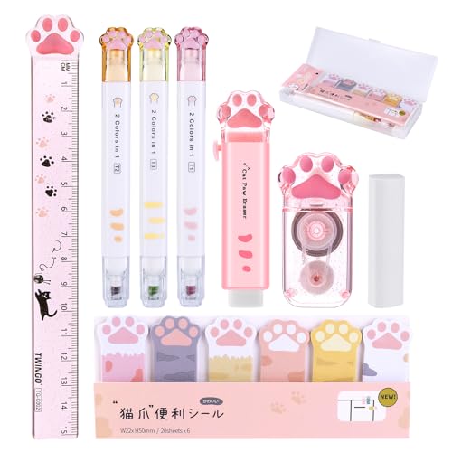 Partideal 9pcs Cute Cat Paw Stationery Set Kawaii Cartoon Pencil Cases Double-Ended Highlighter Correction Tape Cube Retractable Erasers Ruller Sticky Notes Eraser Replacement Core School Supplies