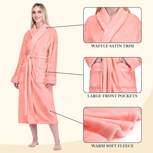 Image of PAVILIA Women's Plush Fleece Robe, Soft Cozy Long Bathrobe with Satin Waffle Trim, Warm Lightweight, Pockets & Tie Belt