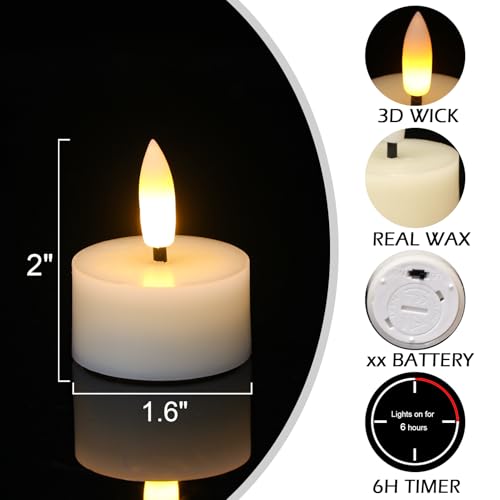 Image of GenSwin Real Wax Tea Lights Candles Battery Operated, Flameless LED Tealights Candles with 6H Timer, 10 Pcs Battery Tea Lights with 3D Flame for Christmas Holiday Home Decor(Ivory, D1.6 inch x H2 inch)