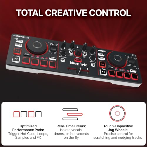 Image of Numark MixTrack Go Compact Bluetooth DJ Controller with Stems Control | 2-Deck DJ Mixer, for Beginners & Mobile DJs, Smart Fader, USB-C, Serato DJ Lite & Algoriddim djay Included, Gen 4