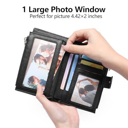 Image of GOIACII Womens Wallets RFID Blocking Leather Trifold Clutch Wallet Credit Card Holder Ladies Purse 3 ID Windows Black