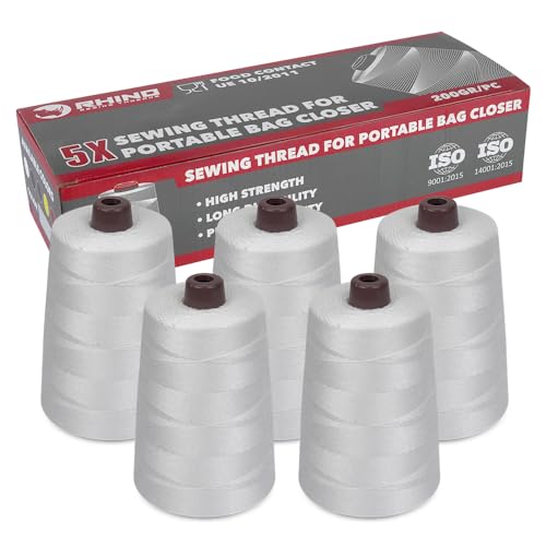 RHINO Pack de 5 Bobinas de Hilo para Máquinas de Coser Sacos | Conos de Poliéster 12/4 200g para Cerradoras de Costales de Alta Resistencia | Aptos para el Contacto Alimentario (Blanco)