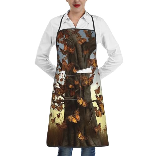 Tablier de cuisine pour adulte Motif arbre papillons, blanc, taille unique