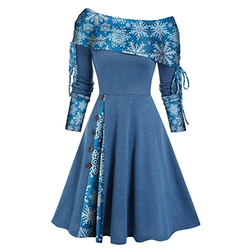 Retro Weihnachtskleid Damen, Kleid Weihnachten Damen, Sexy Schulterfrei Weihnachts Kleider Mit Kariertes Schneeflocke Muster Partykleid Rockabilly...