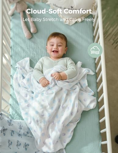 Image of Momcozy Muslin Swaddle Blankets, Breathable and Skin-Friendly Receiving Blankets, Best Wishes Swaddle Blanket Shower Gifts & Baby Registry Essentials, Large 47 inchx47 inch, Cuddle Buddies
