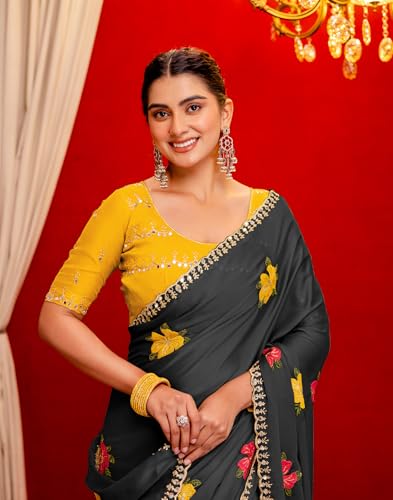 Image of SIRIL Women's Embroidery, Mirror Work, Scalloped Border Shimmer Georgette Saree With Unstitched Blouse Piece