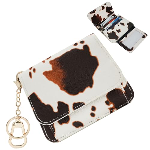 Image of Women Small Wallet RFID Blocking Slim Wallet with Coin Pocket Tri-Fold Credit Card Holder with ID Window and Keychain (Cow)