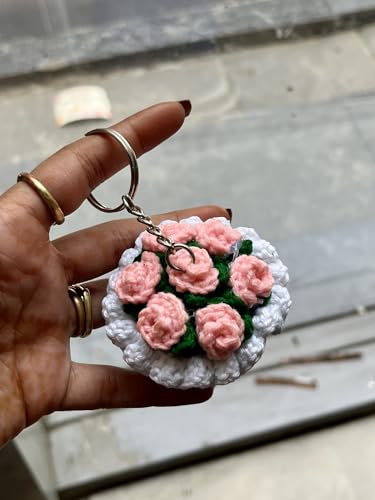 Image of Handmade Crochet Floral Bouquet Keychain, Blue Base with Pink Roses, White Cloud Detail, Decorative Bag Charm