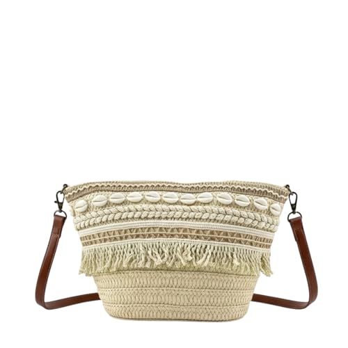 MODELISA - Bolso Bandolera Capazo Rafia Paja Con Conchas Y Flecos Estilo Bohemio Mujer (Beige)