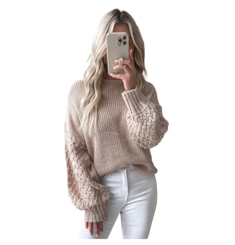 Women's Solid Color Long Sleeve Sweater Knitted Round Neck Bubble Sleeve Pullover Top