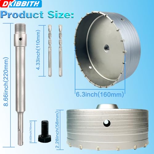 Image of 6-5 /16 inch Concrete Hole Saw, 160mm Tungsten Steel Core Bit for Cinder Block, Brick, Rock, Plank Walls for Pipes or mini Split Lines, with SDS Plus Shank and 2 Center Positioning Drill Bits.