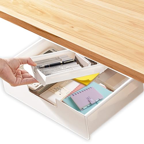 Plstod Unterbau Schublade, Versteckte Schublade unter Schreibtisch, Unterbauschublade Selbstklebende, mit 2 Montagearten (Schrauben&Selbstklebende) für Büro, Zuhause, Schule (Weiße)