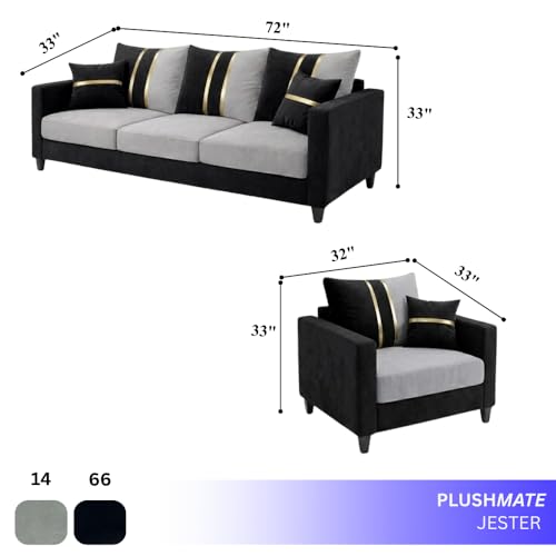 Image of Jester Plush Comfort Sofa Set | 3 Seater + 1 Seater + 1 Seater | Luxury Velvet Suede Fabric | Modern Living Room Sofa | Black - Light Gray