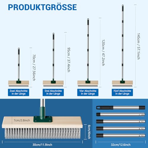 Drahtbesen zur Moosentfernung mit Stiel, Stahlbesen mit Teleskopstiel 145cm, 30cm Straßenbesen zum Entfernen von Moss, Unkraut und Pflastersteine, Robust Stahldrahtbesen für Garten, Deck, Terrasse