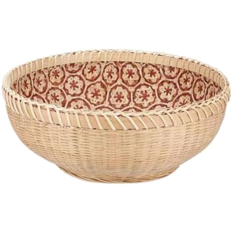 QRZLP Woven Fruit Basket, Round Bamboo Serving Basket Tray Wicker Bread Basket Natural Handmade Storage Basket for Foods, Fruits, Vegetables, Potatoes, 9.5Inch. Cover