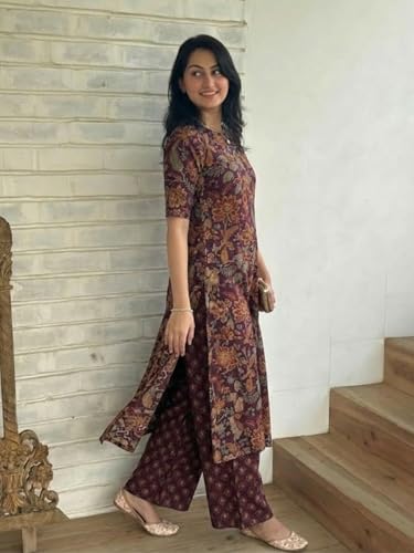 Image of ANNI Designer Women's Viscose Blend Straight Printed Kurta with Palazzo | Elbow Length Sleeve Kurti Set | Close Neck with Back Slit | Soft Comfortable Fabric | 2 Piece Outfit